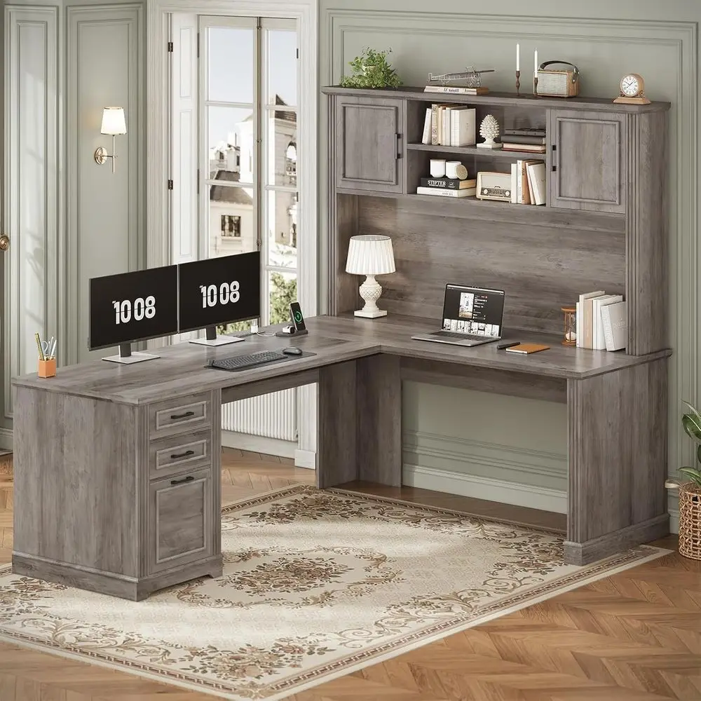 

L-Shaped Desk with Hutch, 3 Drawers, 68.9 Wide Office Desk with File Drawer and Power Outlet, Grey Home Office Desk with Storage