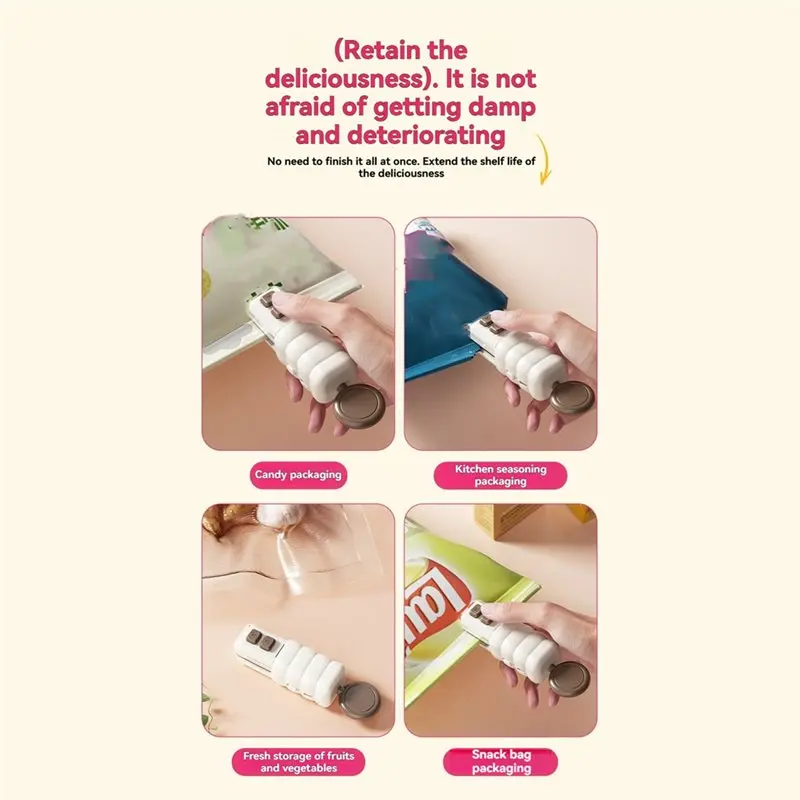 AT28-Heat Sealing Portable Device With Integrated Cutter& Bottle Opener, Magnetic Back For Food Saver Plastic Bag Storage Sealer
