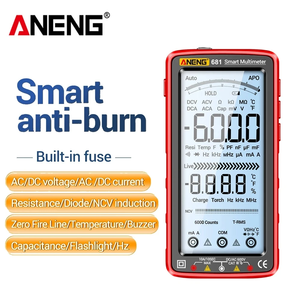 Imagem -03 - Aneng-recarregável Digital Multímetro Inteligente Tensão sem Contato ac dc Medidor de Tensão Tela Lcd Tester Atual 681 Pro 6000 Contagem