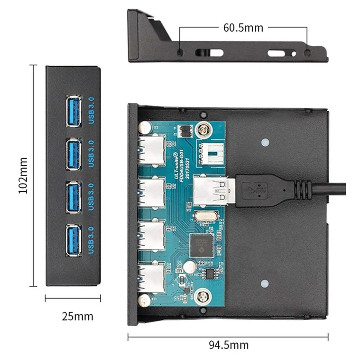 NEW FACTORY~ USB 3.0 Front Panel Header to USB-C & USB 3.0 HUB for 3.5" Floppy Bay 4 Ports Motherboard Cable