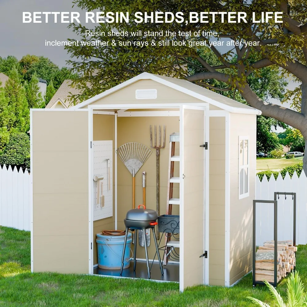 Outdoor Storage Shed, Resin Outside Sheds Kit with Floor Window Included Double Lockable Door