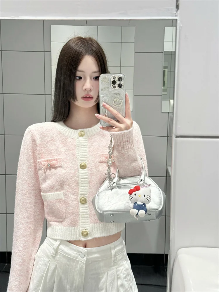 

Sweet Style Pink Short Knitted Cardigan for Women Autumn Stylish Slim Pocket Knit Long Sleeved Jacket Contrast Color Ropa Mujer