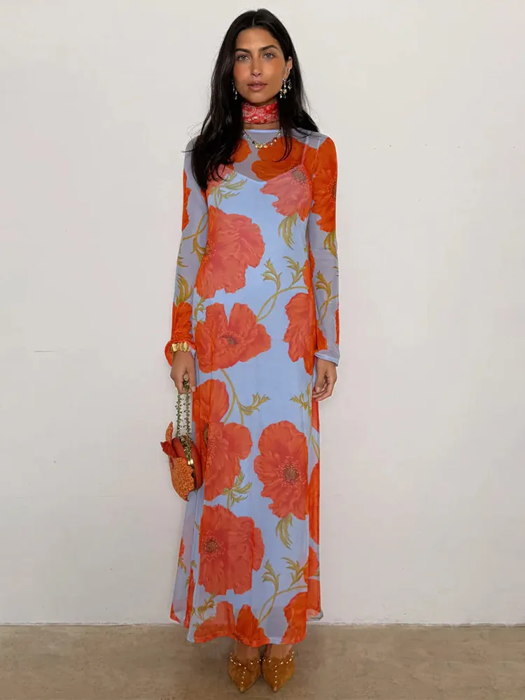 Apprabant Sheer Mesh Flowers Printed Dress Women's O-Neck Flare Sleeve Fashion Loose Casual Elegant Slim Long Dress Streetwear