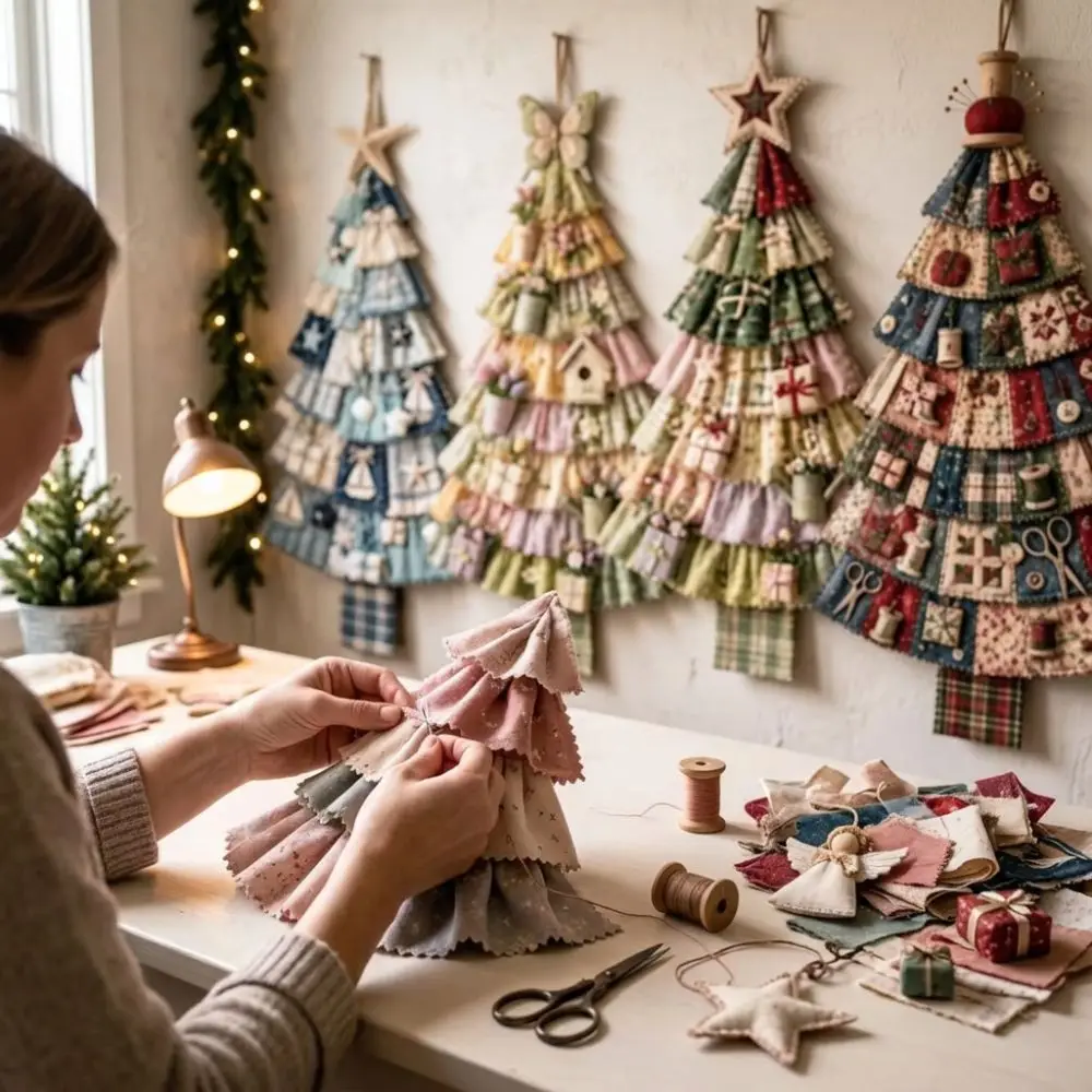 Vintage Patchwork Christmas Tree Door Hanging Handmade Hand-Sewn DIY Christmas Patchwork Craft Kit Plaid Print Cozy Soft