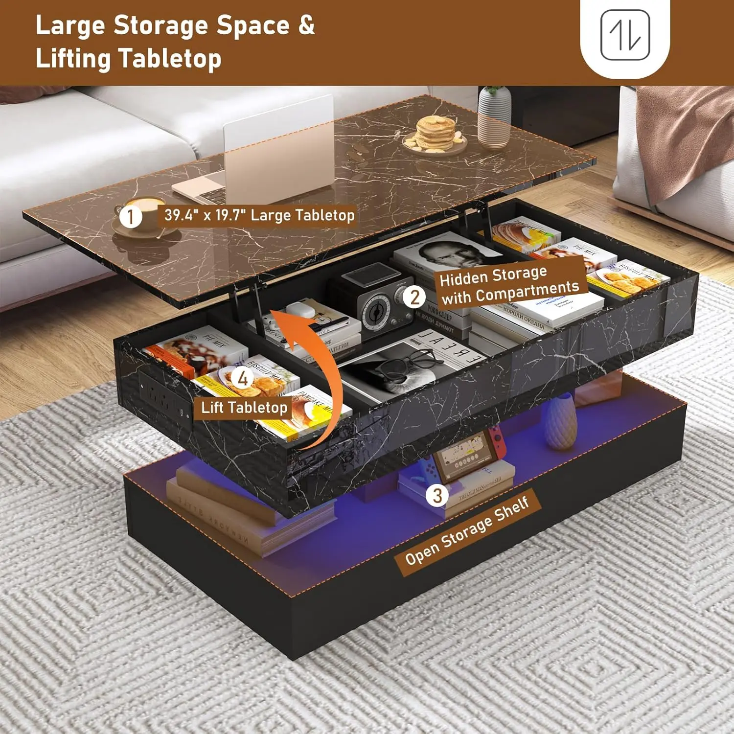 طاولة قهوة كبيرة قابلة للرفع مقاس 39.4 مع قاعدة شحن، وطاولة مركزية حديثة عالية اللمعان مع مساحة تخزين مقصورة مخفية، Bla #4