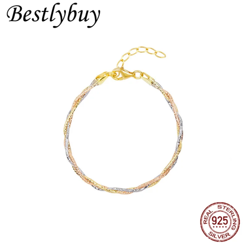 

Italian Tricolor Woven Bracelet S925 Pure Silver Gold-plated Wave Twist Sparkling Luxury High-end Bracelet For Women 4MM