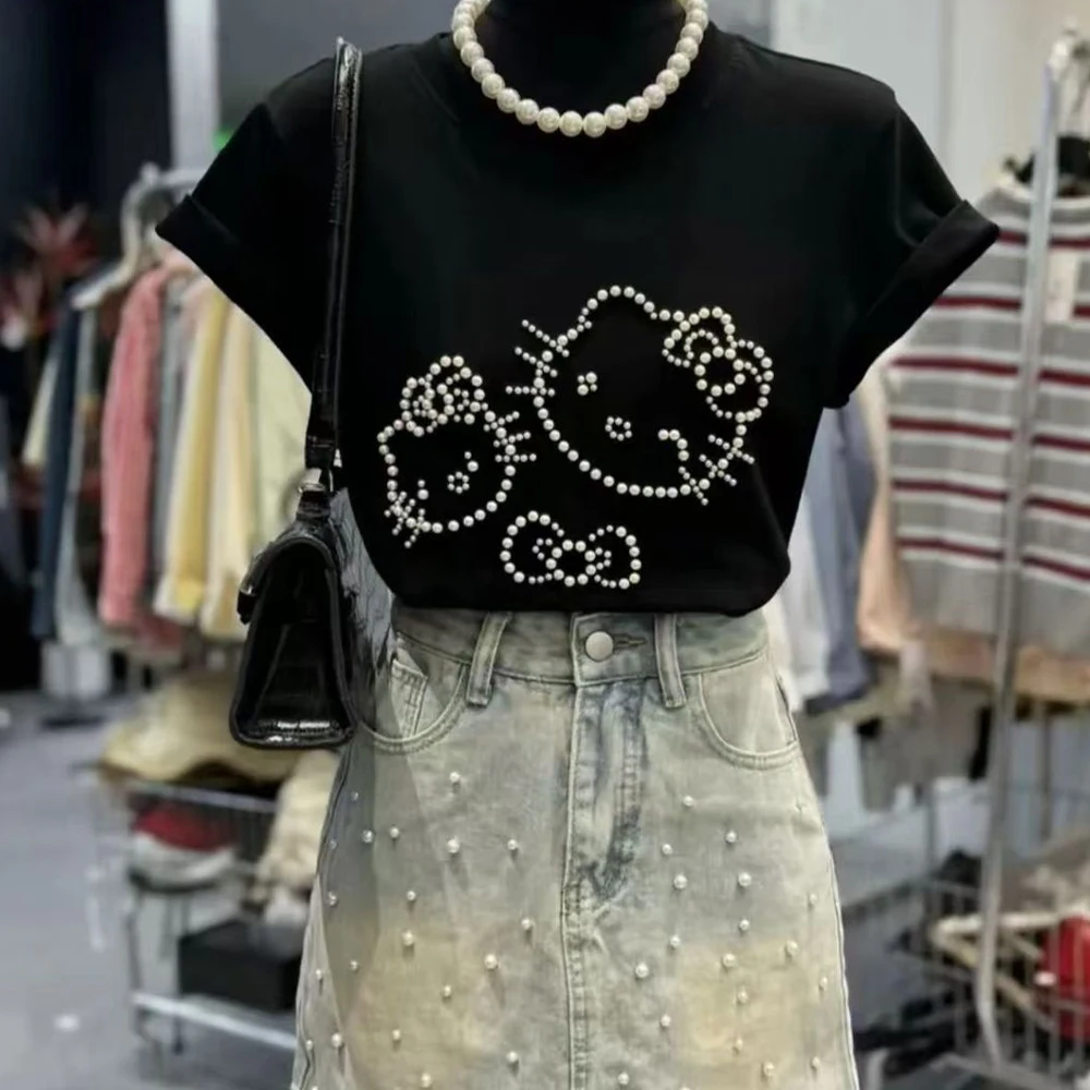 

Женская футболка с мультяшным принтом Hello Kitty, черная, с милыми бусинами, короткий рукав, в стиле Y2K, повседневная, свободная, для улицы, для девочек