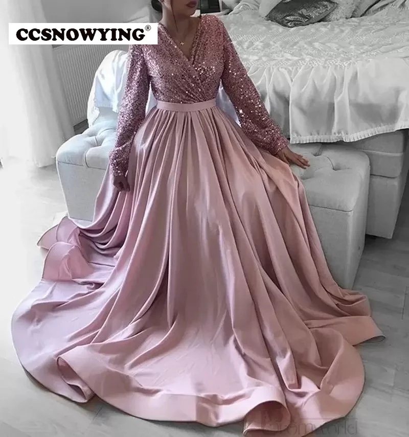 

Long Sleeve V Neck Evening Dresses Satin Sequin Women Prom Formal Party Gowns Arabic Dubai Robes De Soiree