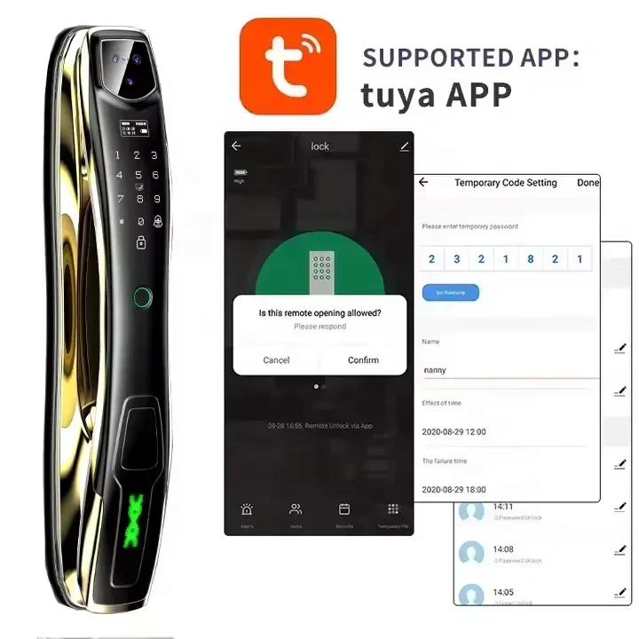 Tuya-Fingerprint Recognition Smart Door Lock, Automatic Face Door Lock, Camera Capture Function, WiFi, Cat Eye