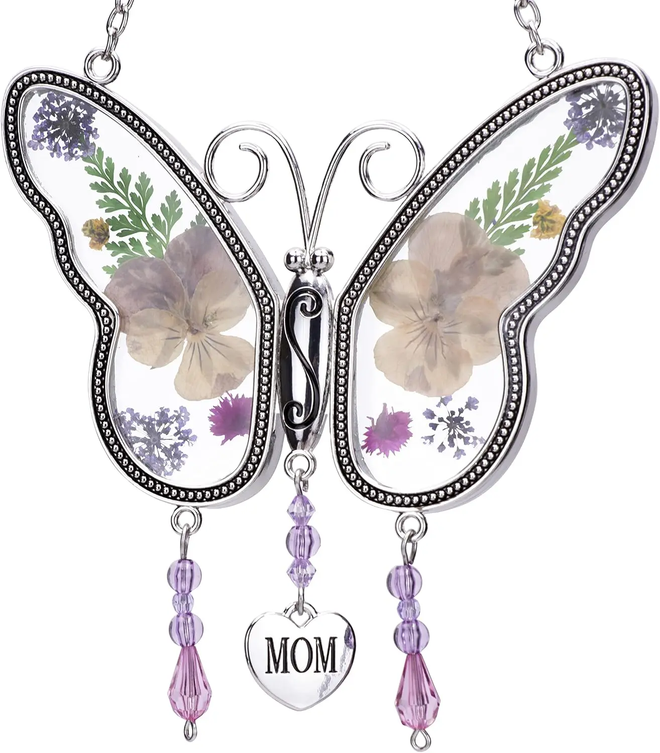 

Butterfly Suncatcher with Pressed Flower Wings, Glass Wind Chime Ornament, Metal Heart Charm, Mother's Day Gift for Mom Grandma Birthday