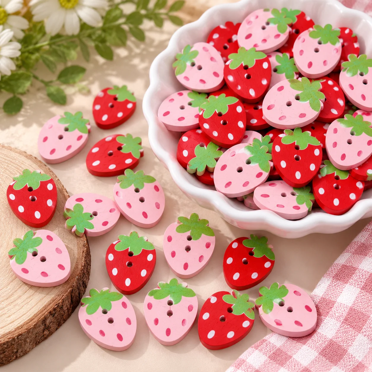 10/50 Stück, Holzknöpfe in Erdbeerform zum Aufnähen, rosa und rot, zum Dekorieren von Kleidung, handgefertigt, für Scrapbooking.