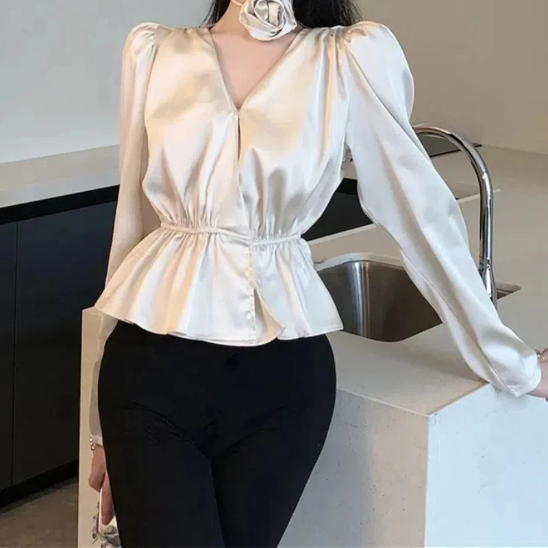 2024 Summer Women's Casual Fashion Elegant Commuting V-neck Solid Color Three Dimensional Decorative Folded Satin Shirt Top