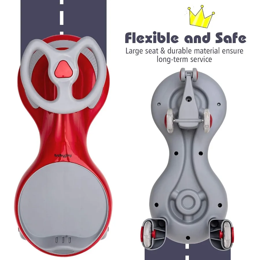 รถวิ่งสำหรับเด็ก, รถสวิงพร้อมล้อไฟ LED, ไม่ใช้แบตเตอรี่, เกียร์หรือคันเหยียบ, ใช้การบิด, หมุน, และการเคลื่อนไหวแบบวิกเกิลเพื่อขับเคลื่อน