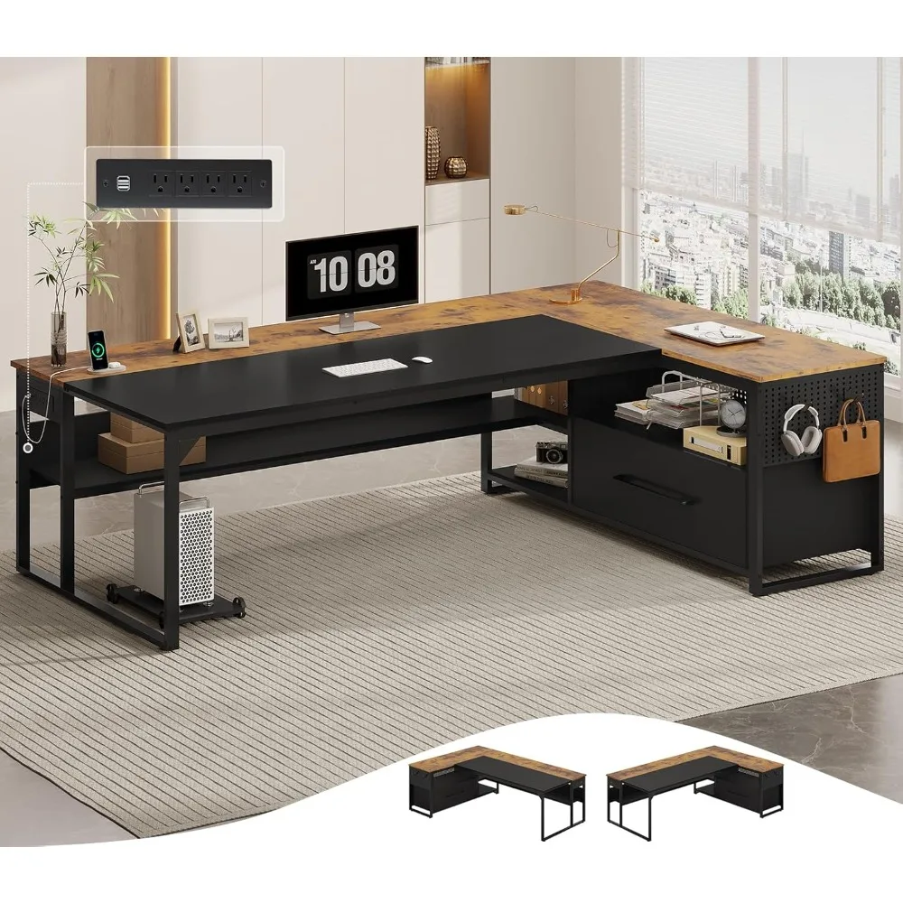 

71" Executive Desk, Large Office Desk with Widen File Drawers & Power Outlets, Reversible L Shaped Computer Desk Corner Desk