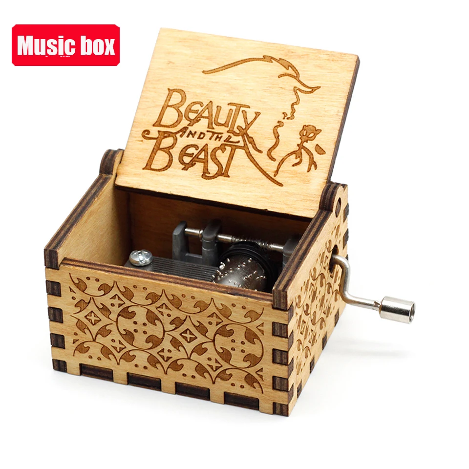 Caliente * manivela de madera tallada antigua La Bella y La Bestia caja de música regalo de cumpleaños de Navidad