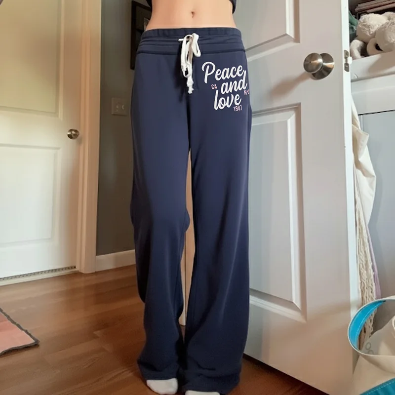 Pantaloni a gamba dritta Dstring stampati casual Pantaloni Dstring comodi da donna Retro Sle Fibra di poliestere Vita l