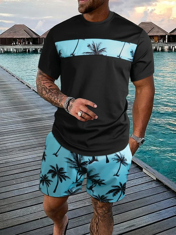 Men's Summer Tropical Coconut Tree Print Graphic Short Sleeve Shorts Set Summer Men's Crew Neck T-Shirt and Drawstring Short Set