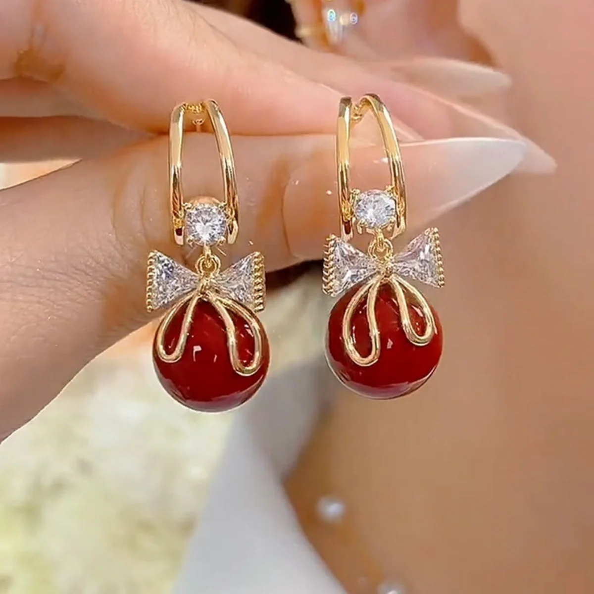Korean Unique Design Zircon Bow Drop Earrings For Women Exquisite Imitation Pearl Flowers Earring Wedding Personality Jewelry image 4