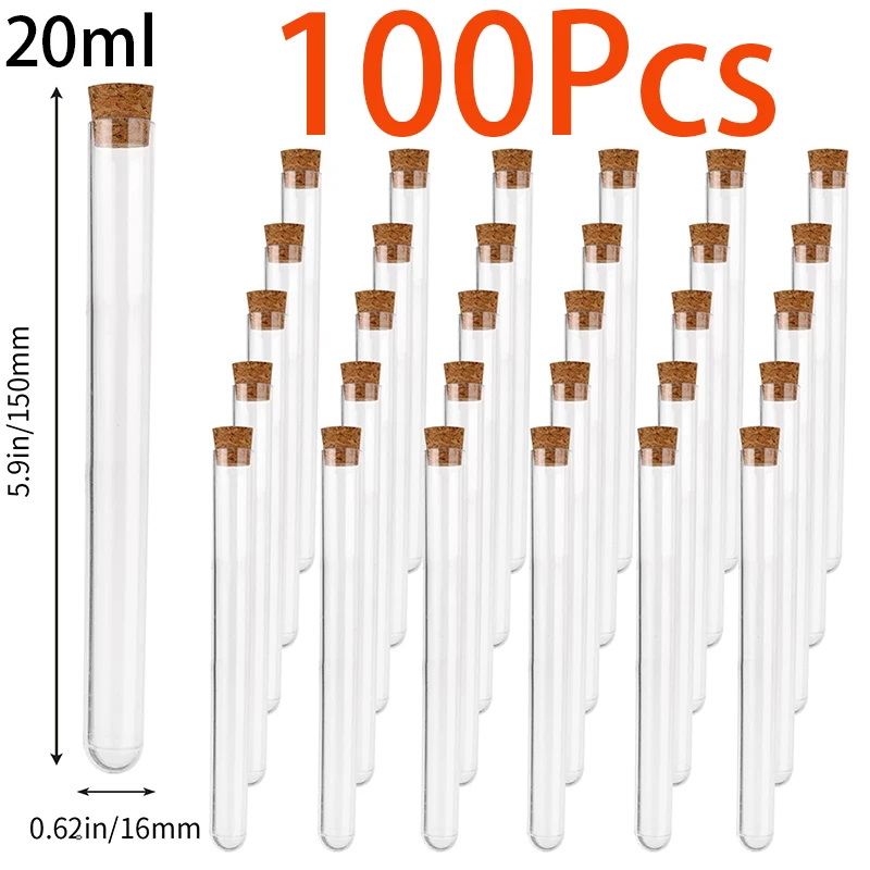 100 Pieces Plastic Test Tubes Small Plastic Tubes 20ml Transparent Plastic Tubes with Cork Stoppers Transparent Plastic Tube