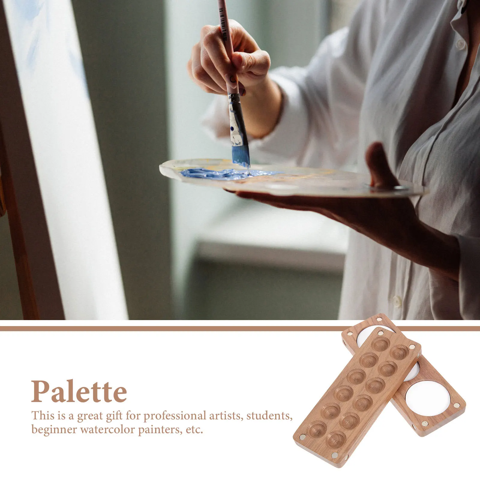 1 Juego de paleta de acuarela, bandeja mezcladora de madera de 12 colores para pintura de viaje con acabado suave, diseño compacto, Ideal para aceite acrílico