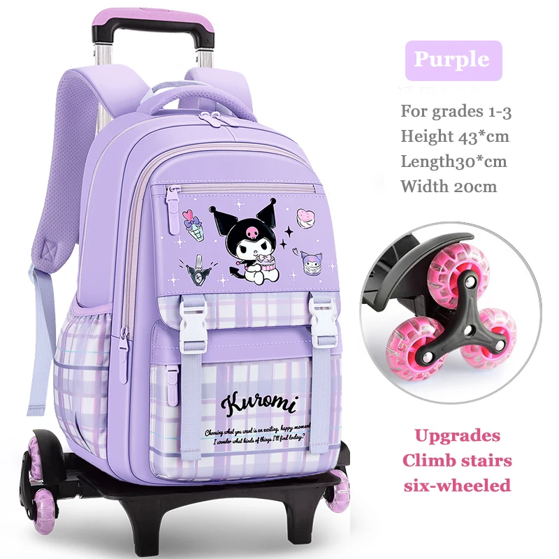 Miniso Kuromi Girls Schoolbag On Wheels Pupils 6 Rounds Trolley Bag Student Wheeled School Bag Children Backpack Grade1-3-6 Gift