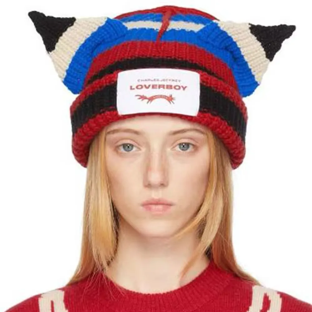 Double-layer Loverboy Cat Ear Knit Hat Hooded Cap Niche Design Pig Ear Woolen Hat Hip-hop Personality Warm Ear Protection Hat