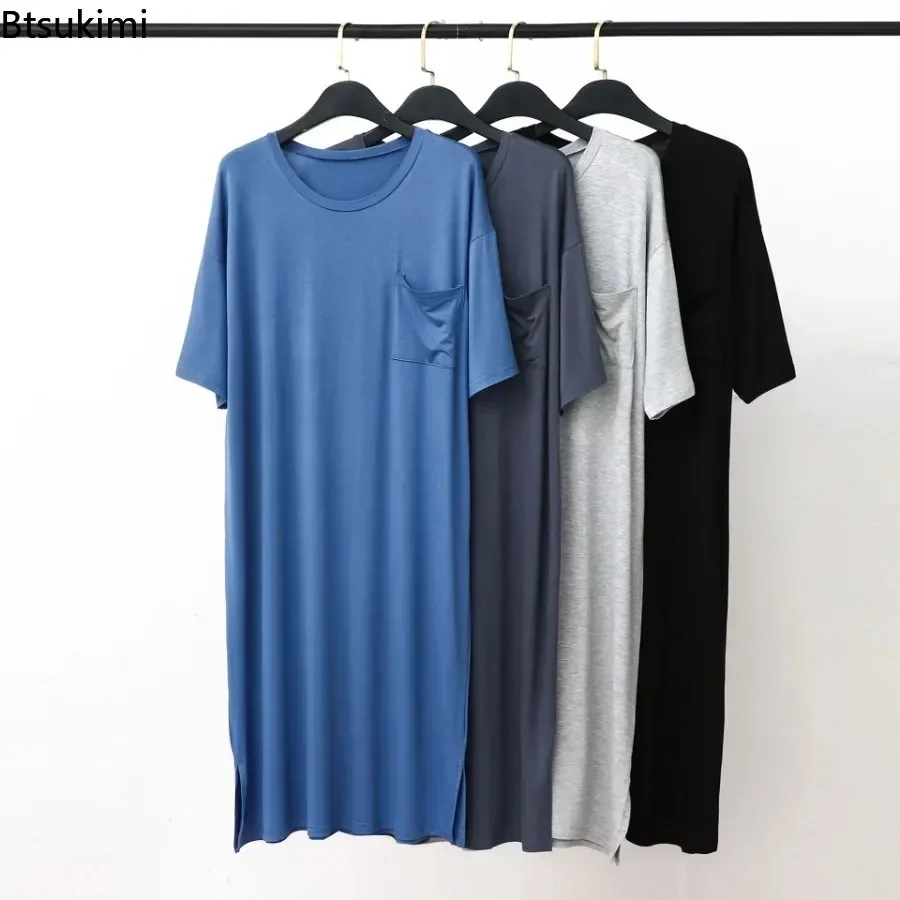 New Men's Pajamas Robes Summer Modal Nightgowns Short Sleeve Soft Breathable Bathrobe Men's Loose Mid-long Knee Length Homewear