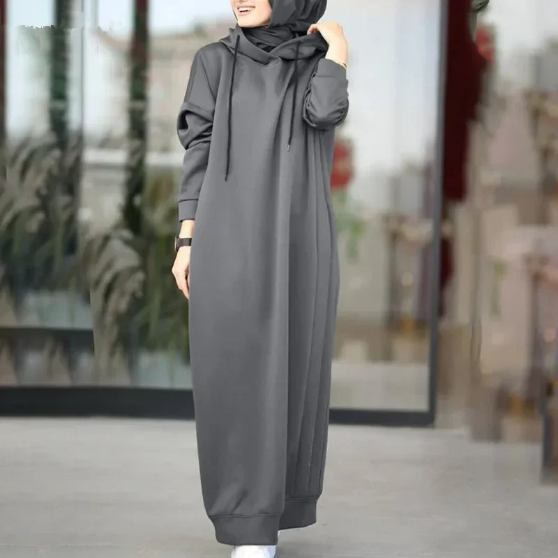 Women\'s Muslim Hoodie Solid Color Long Sleeve Casual Loose Dress Maxi Abaya Ghirba Dress Long Sweatshirt Vestidos Robe