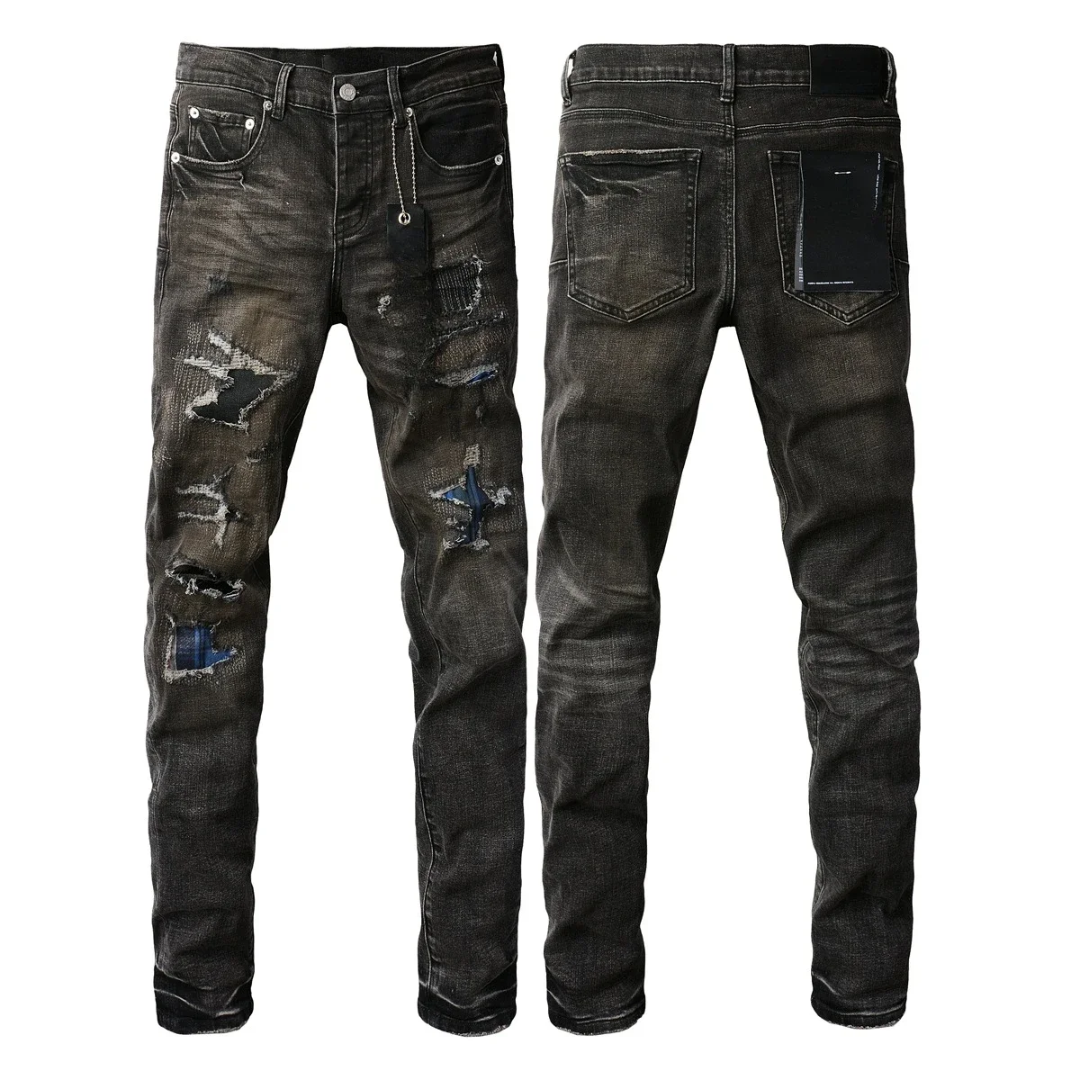 

Distressed Jeans For Man 2024 Spring/Summer Black Denim Ripped Patchwork Slim Fit Zipper Fly Casual Street Style Fashion
