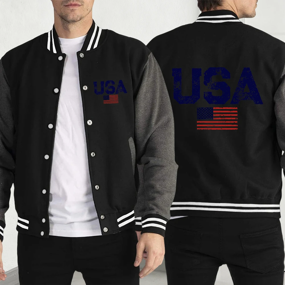 

Usa Letter American Flag Baseball Jackets Men Fleece Loose Streetwear Fashion Vintage Jersey Mans All-Match Casual Clothing