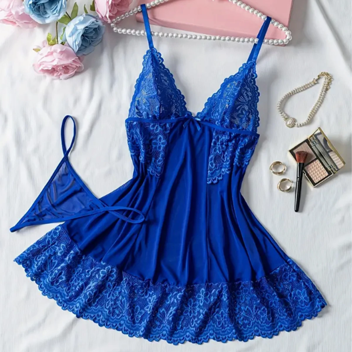 Sexy Nightgown Women Night Dress Sling Sleepwear Elegant Costume Embroidered Dresses Blue Pajama Set With Thongs Teddy Babydolls