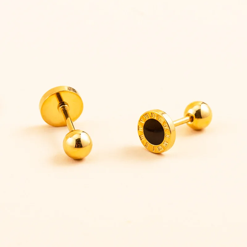 Titanium Steel Roman Earrings Black Drop of Oil Round Digital Earrings Earrings Jewelry Wholesale Goude Oorbellen Dames