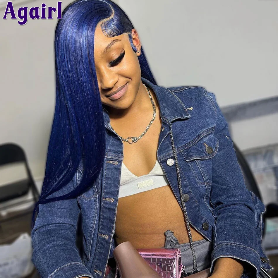 

Navy Blue 13X4 Ready To Go Human Hair Lace Front Wig 13X6 Straight Lace Frontal Wig Pre Plucked Transparent 5x5 Lace Closure Wig