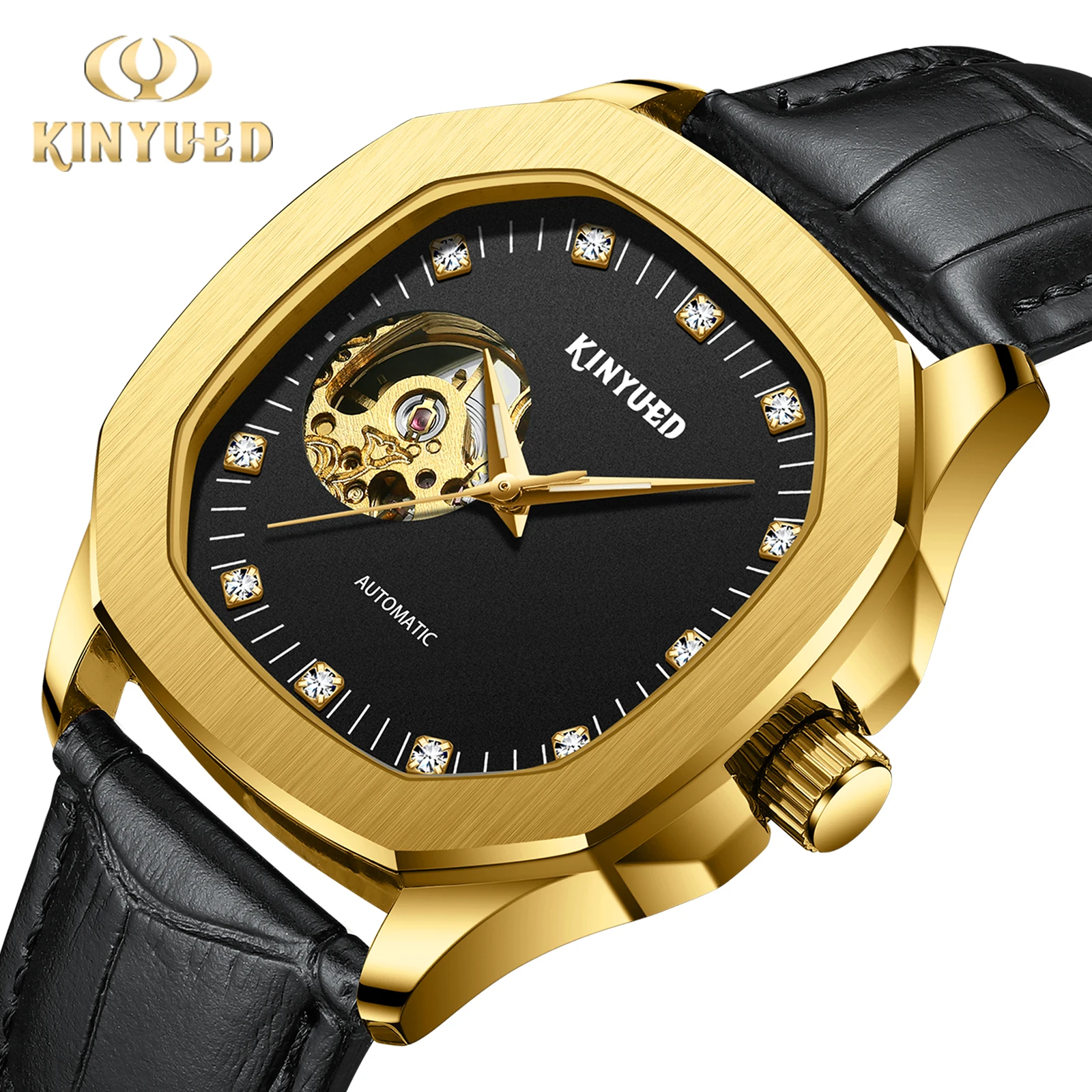 

Kinyued New Man's Skeleton Tourbillon Automatic Mechanical Watch Business Square Gold Dial Leather Strap Male Luxury Reloj Clock