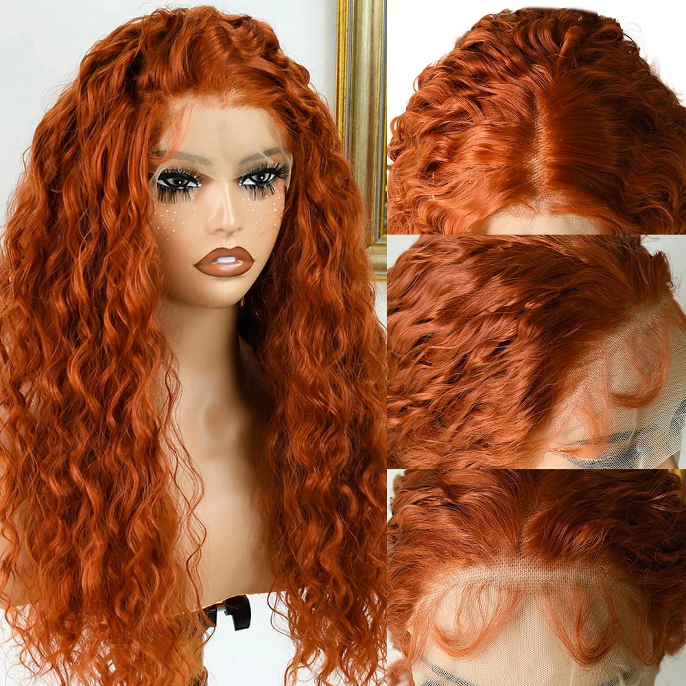 الزنجبيل مجعد الدانتيل الجبهة الباروكات طويلة غلويليس موجة عميقة الاصطناعية الدانتيل الباروكات الأمامية البرتقال الزنجبيل شعر مستعار الجزء الأوسط شعر مستعار مجعد فضفاض