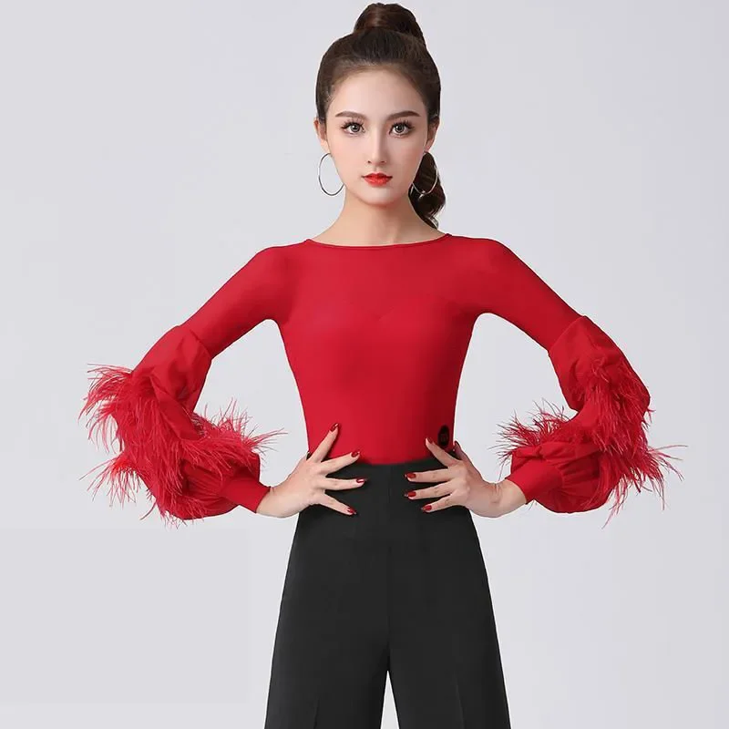 New latin dance top elegant feather jumpsuit national standard shirt blue long-sleeved modern practice clothes