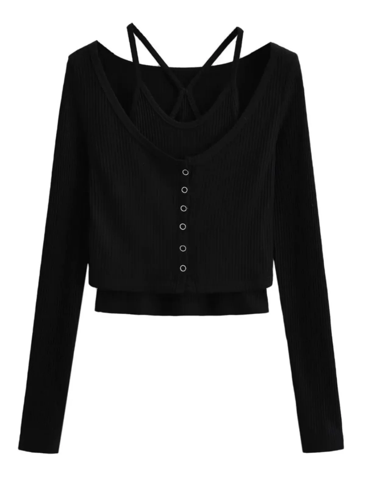 ชุดเซ็ตสองชิ้นทรงเข้ารูปเซ็กซี่ เสื้อยืดสาวฮอต สีเรียบง่าย สไตล์ลำลอง เสื้อท่อนบนใส่ทำงาน แขนยาว คอกลม สำหรับฤดูใบไม้ผลิ...