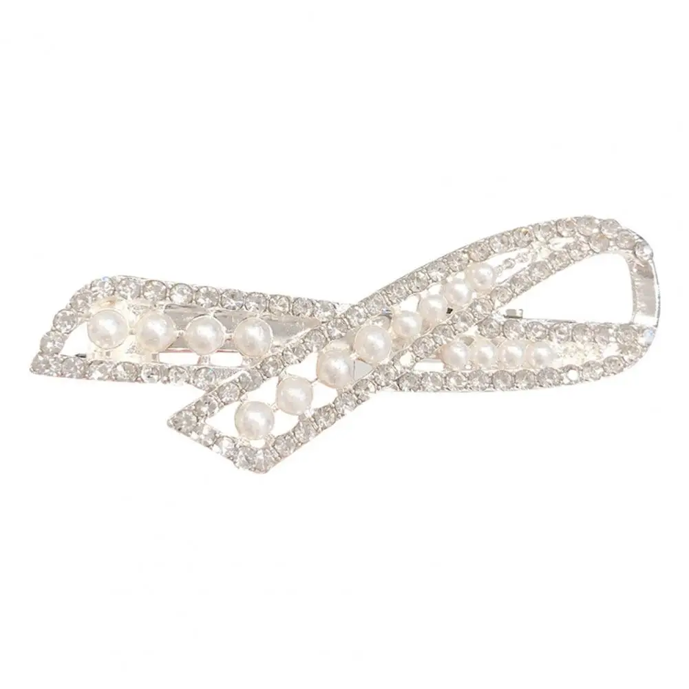 Women Hairpin Bow Shape Faux Pearl Rhinestone Faux Crystal Decor Hollow Out Exquisite Anti-slip Sparkling Luxury Hair Clip