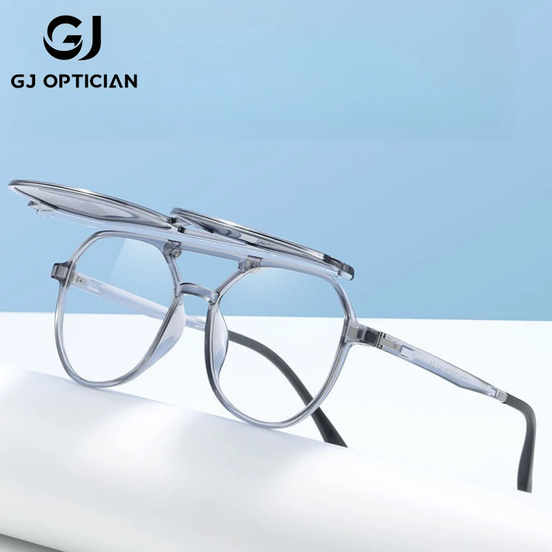 

GJ OPTICIAN flip magnetic sleeve mirror polarized clip sunglasses women double beam anti blue light reading prescription glasses