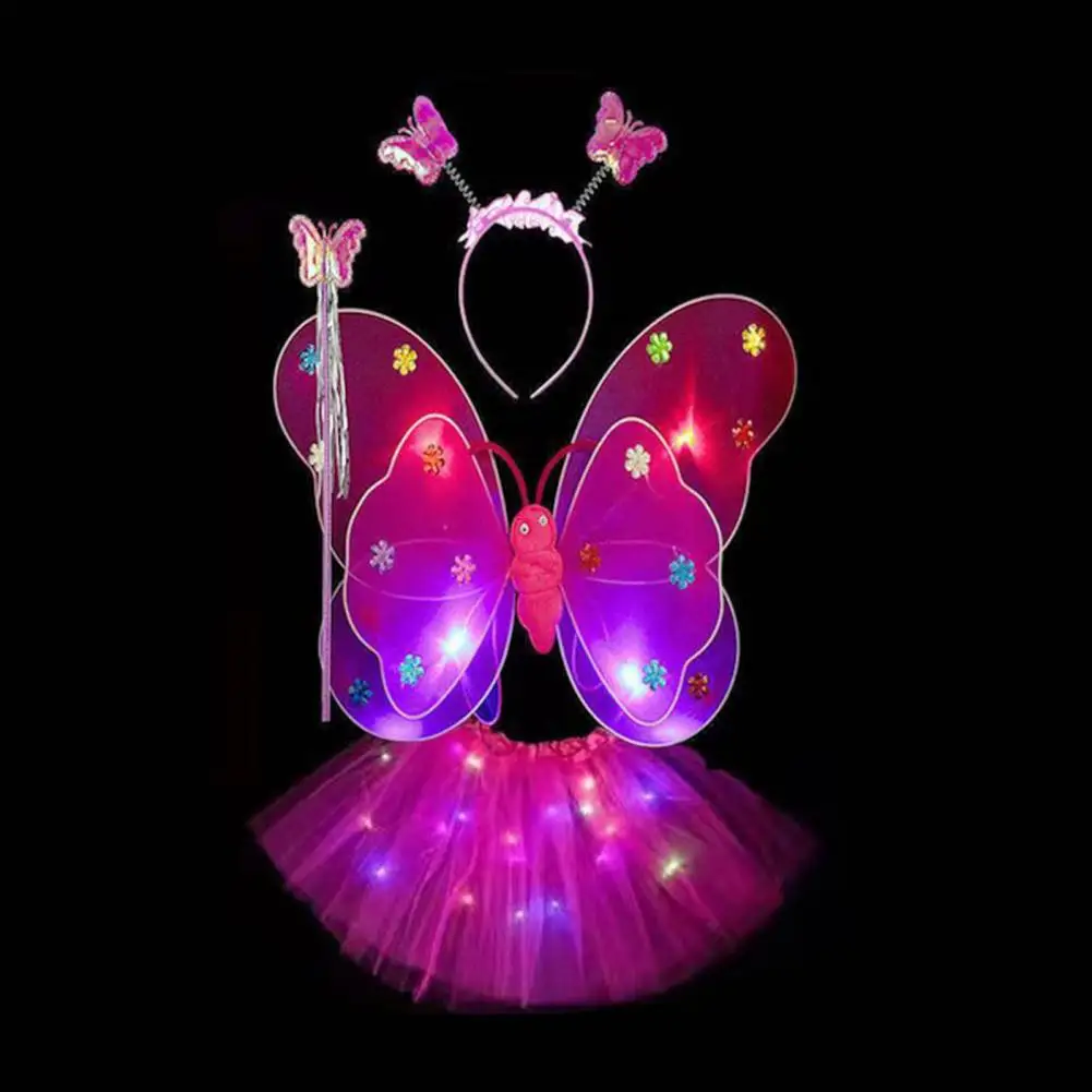 새해 파티 의상 Led 빛나는 날개 의상 세트 여자를위한 지팡이 헤어 밴드 새해를위한 라인 메쉬 흩어져있는 케이크 스커트