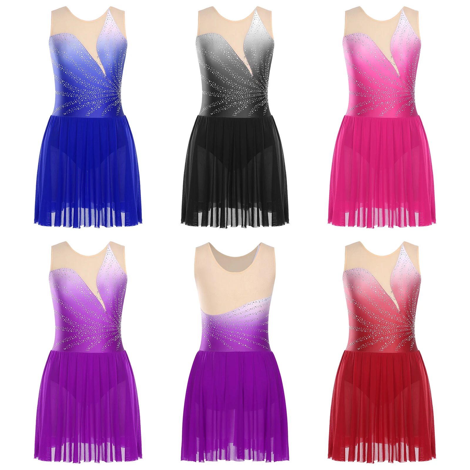 

Womens Figure Skating Dress Rhinestones Mesh Sleeveless Ice Skating Dress Ballet Lyrical Dance Leotards for Competition Costume