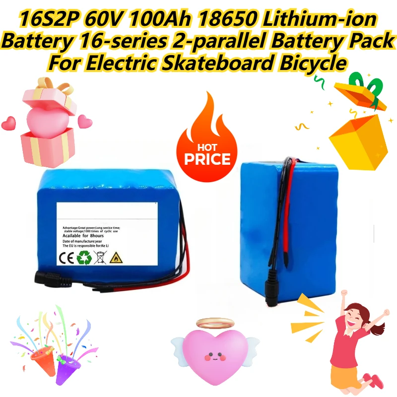 

16S2P 60V 100Ah 18650 Lithium-ion Battery 16-series 2-parallel Battery Pack For Electric Skateboard Bicycle