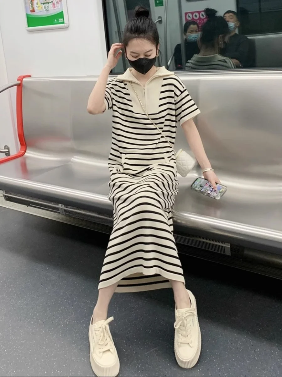 Décontracté Ne rayure ort Sve Dr femmes été Hong Kong Sle ample paresseux Tube droit T-shirt jupe longue Dr