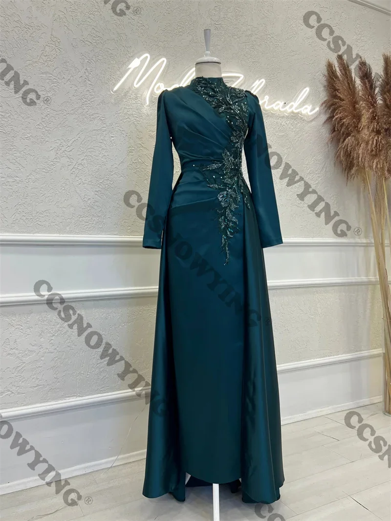 

Long Sleeve Hijab Muslim Evening Dresses Satin Appliques High Neck Islamic Formal Party Gowns Arabic Kafan Robes De Soirée