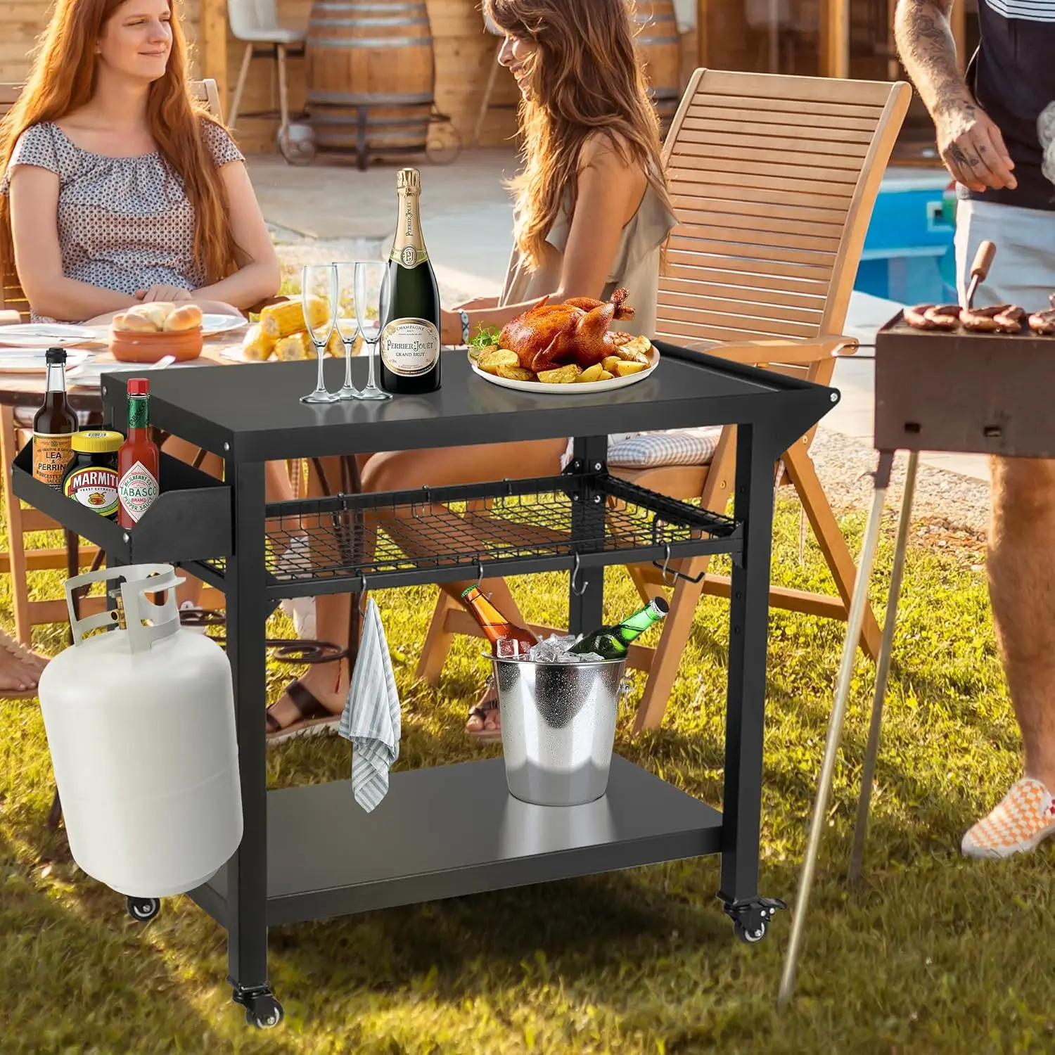 Spurgehom carrito para parrilla al aire libre, soporte para horno de Pizza, Mesa con ruedas, carrito de comedor para Patio exterior, cocina móvil