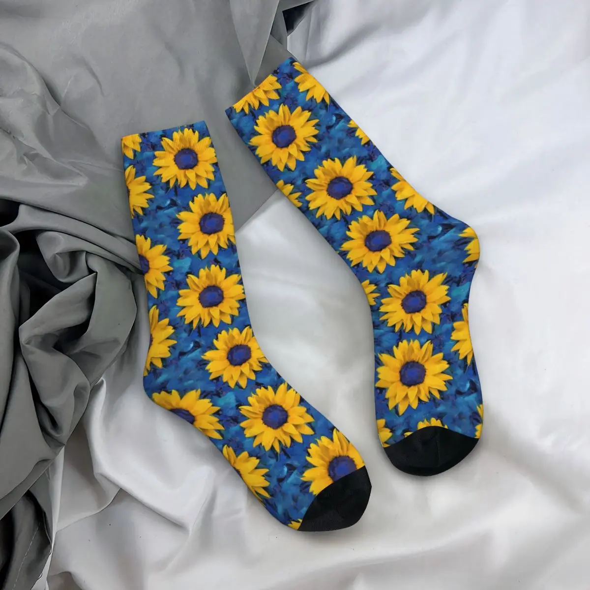 Kaus kaki motif bunga matahari musim dingin stoking Gambar daun biru kaus kaki lembut santai anak perempuan pola Skateboard kaus kaki Anti bakteri