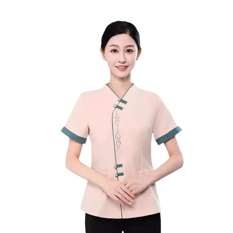 النمط الصيني فندق الصيف نظافة ملابس العمل التدبير المنزلي غرفة الممتلكات فندق عمة ملابس العمل قصيرة الأكمام المرأة البدلة #5
