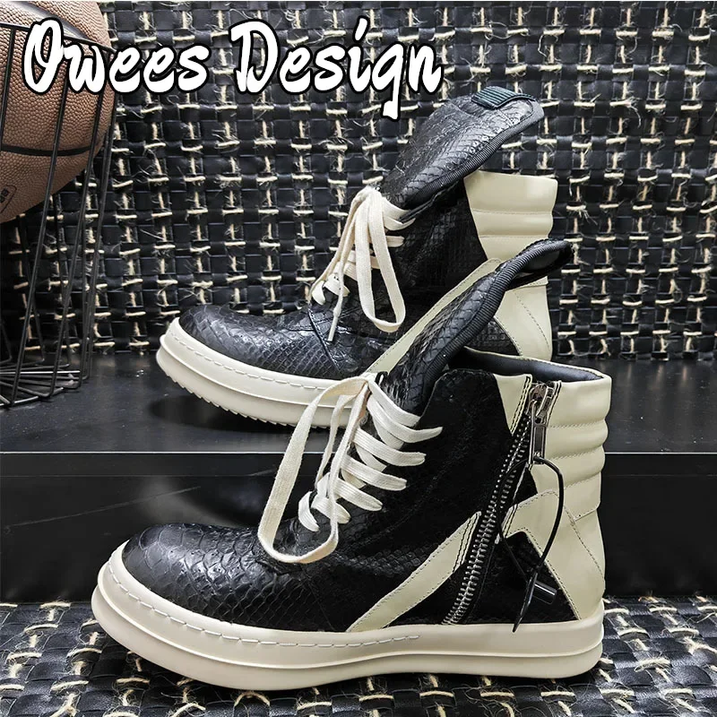 Owees Design Women and Men Platform High Top Boots Leather Zip Lace Up Casual Sneakers Flats Black Luxury Autumn Designer Shoes