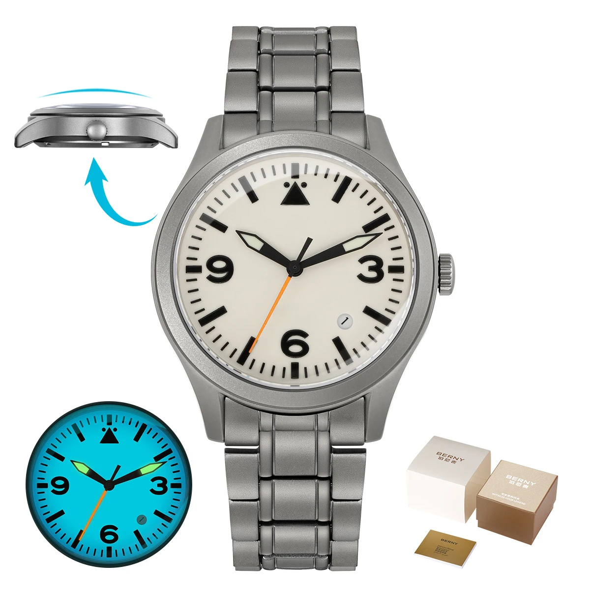 BERNY Volledig titanium automatisch horloge voor heren Saffier AR gecoat 10Bar Avondmaal Lichtgevend herenhorloge Sport Luchtvaart Herenhorloges