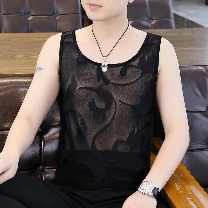Sexy Mesh Flocking Tank Tops for Men 2025 Summer Casual Sleeveless T-shirts Social Nightclub Sexy Stage Performance Vest